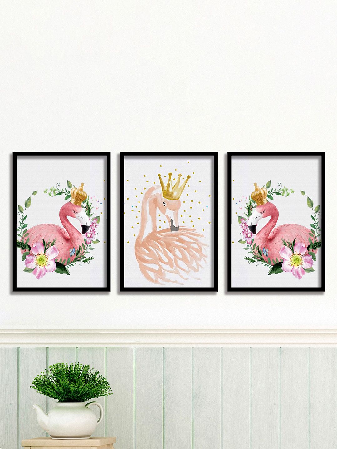 SAF 3-PCS Grey & Pink Flamingo Theme Painting Wall Art