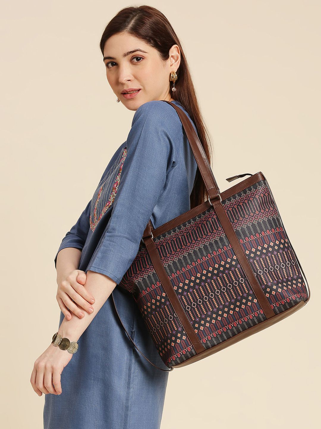 Anouk Black & Brown Geometric Printed Office Tote Bag deal from myntra