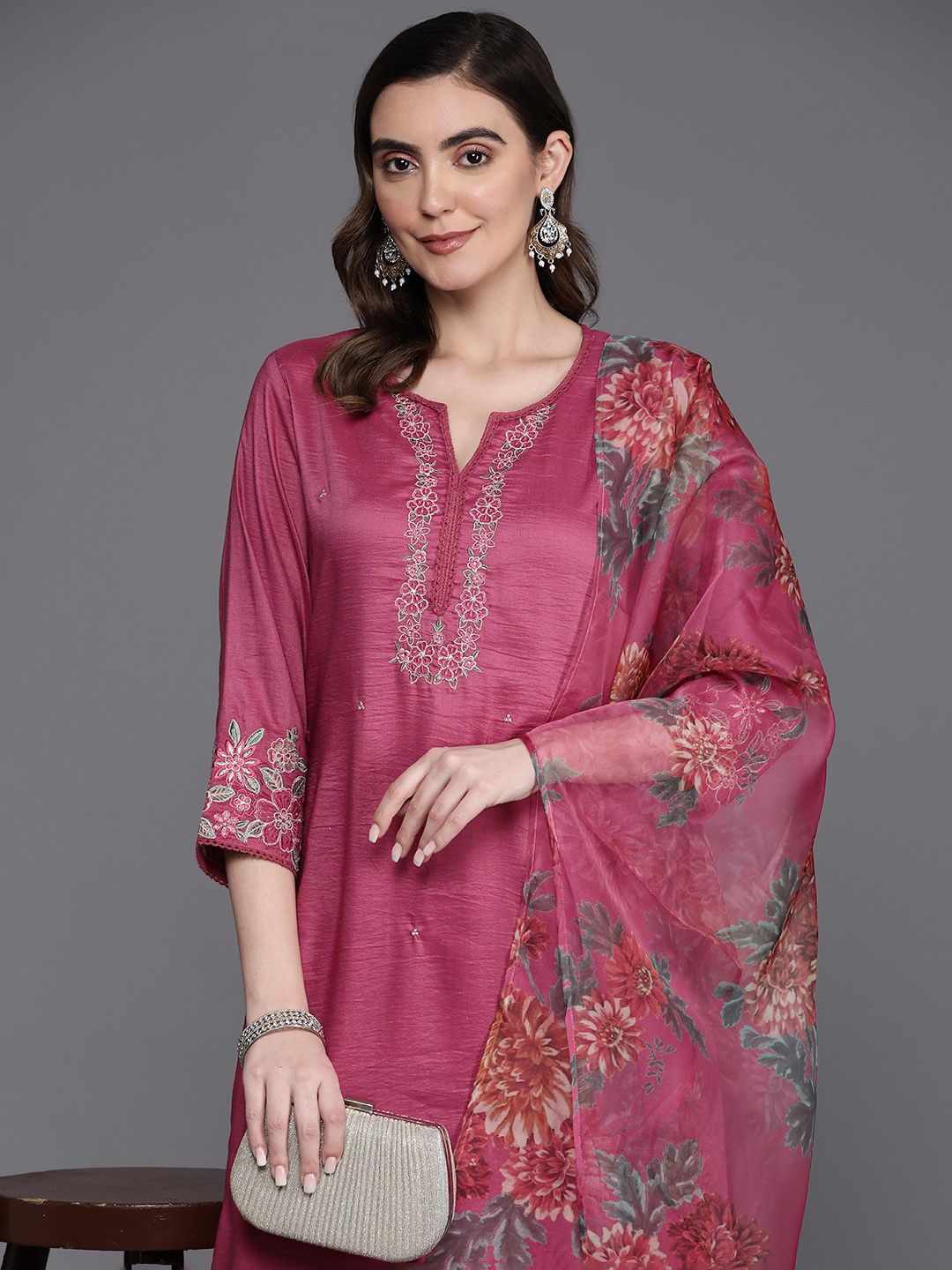 Indo Era Floral Embroidered Thread Work Kurta with Trousers & Dupatta Price in India