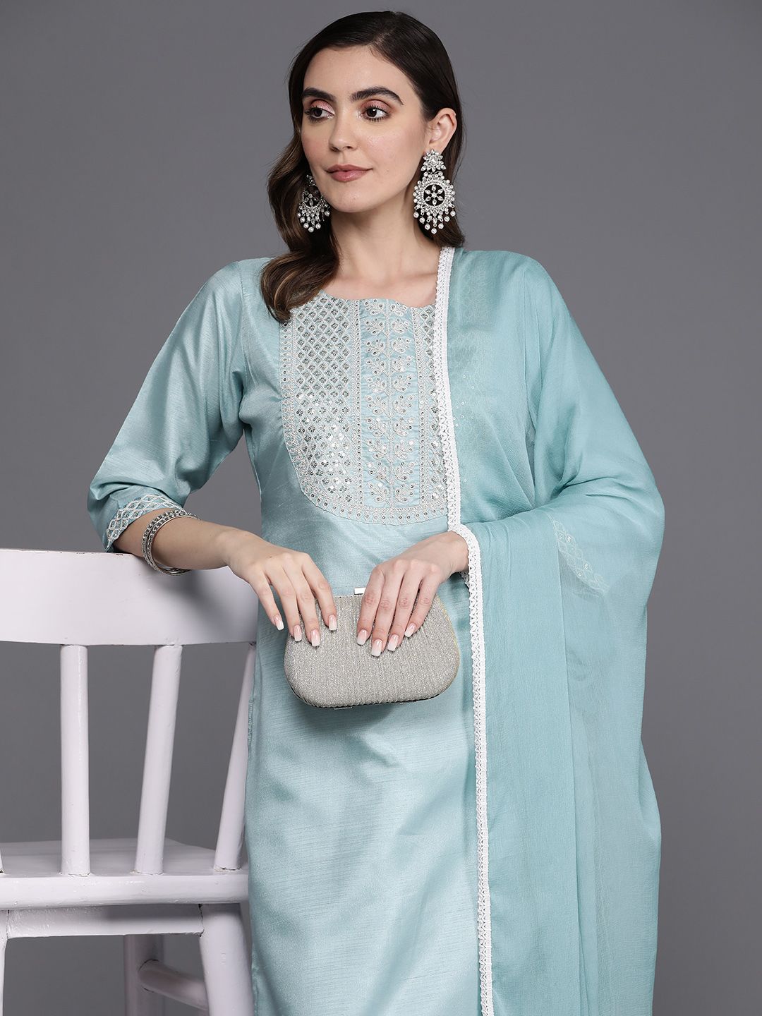 Indo Era Floral Embroidered Sequinned Chanderi Silk Kurta with Trousers & Dupatta Price in India