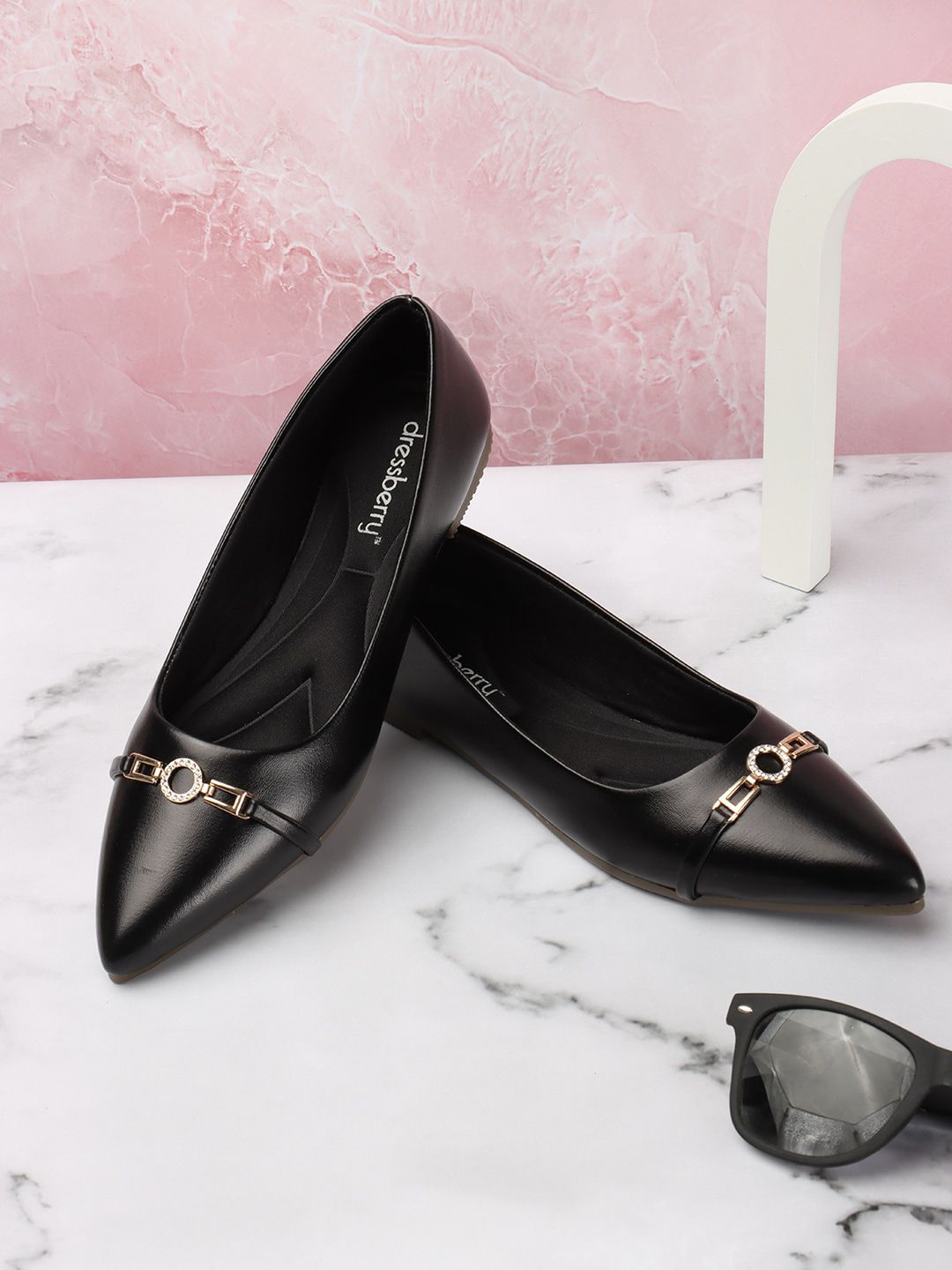 DressBerry Black And Gold-Toned Embellished Pointed Toe Ballerinas Price in India