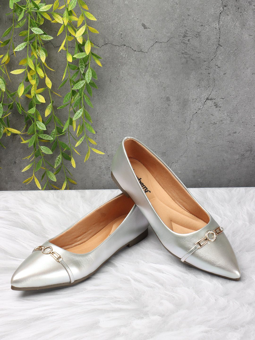 DressBerry Silver-Toned Embellished Pointed Toe Ballerinas