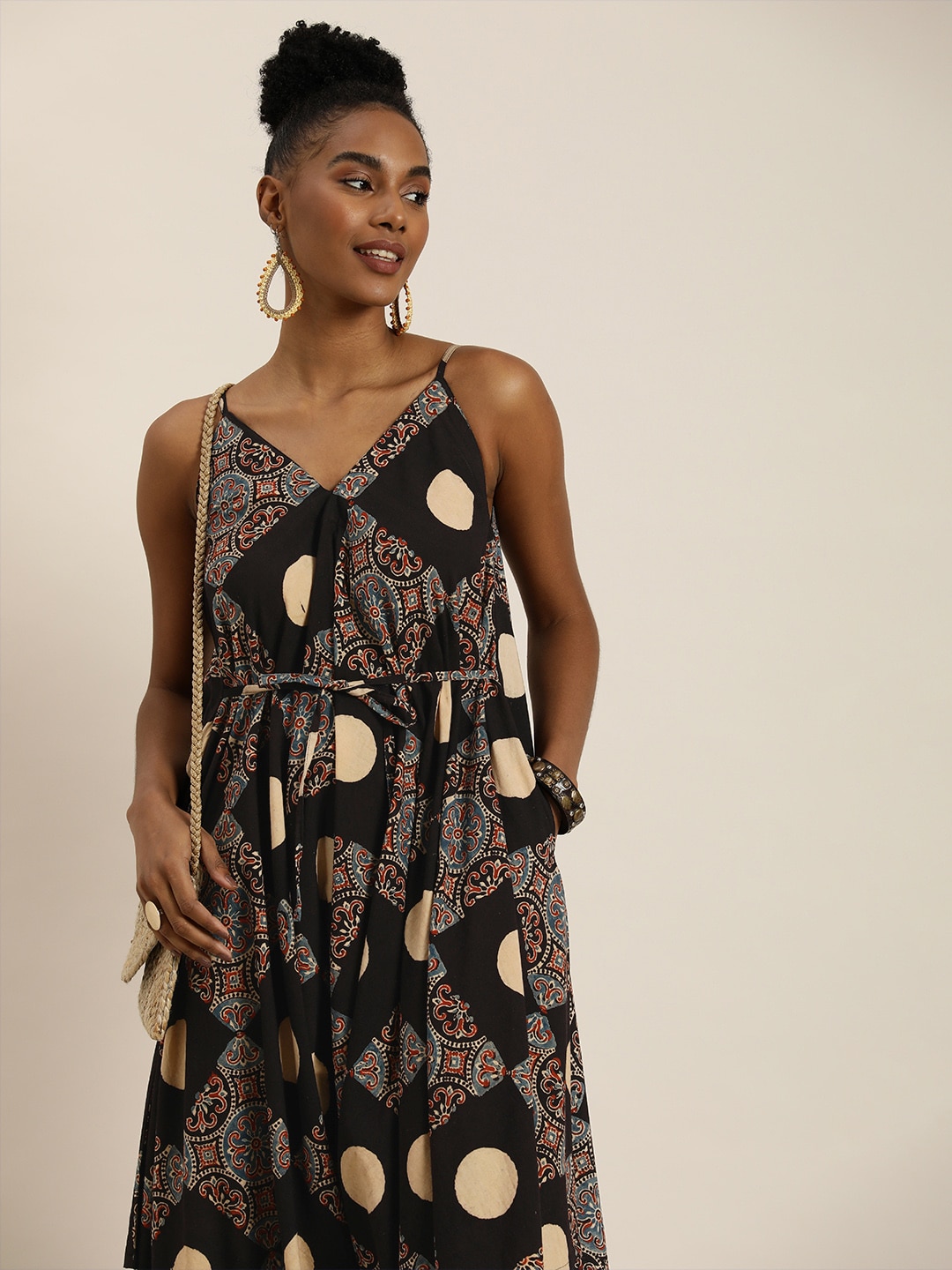 Taavi Ajrakh Ethnic Motifs Printed Culotte Jumpsuit with Waist Tie-Up Price in India