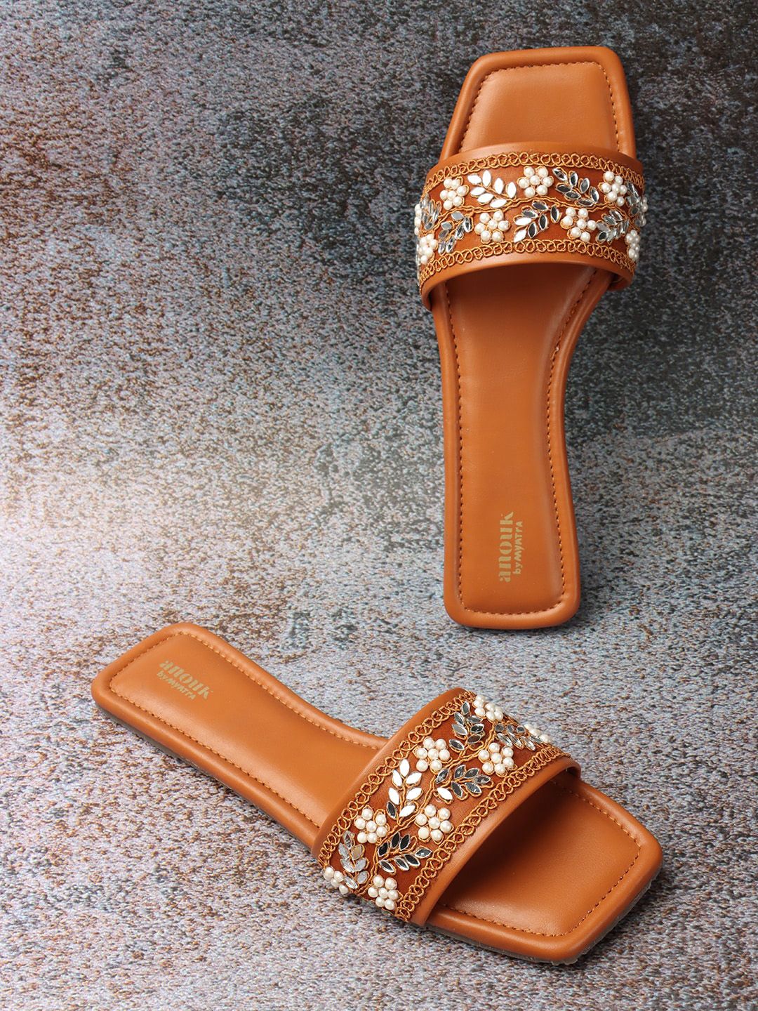 Anouk Tan Brown And White Embellished Open Toe Flats Price in India