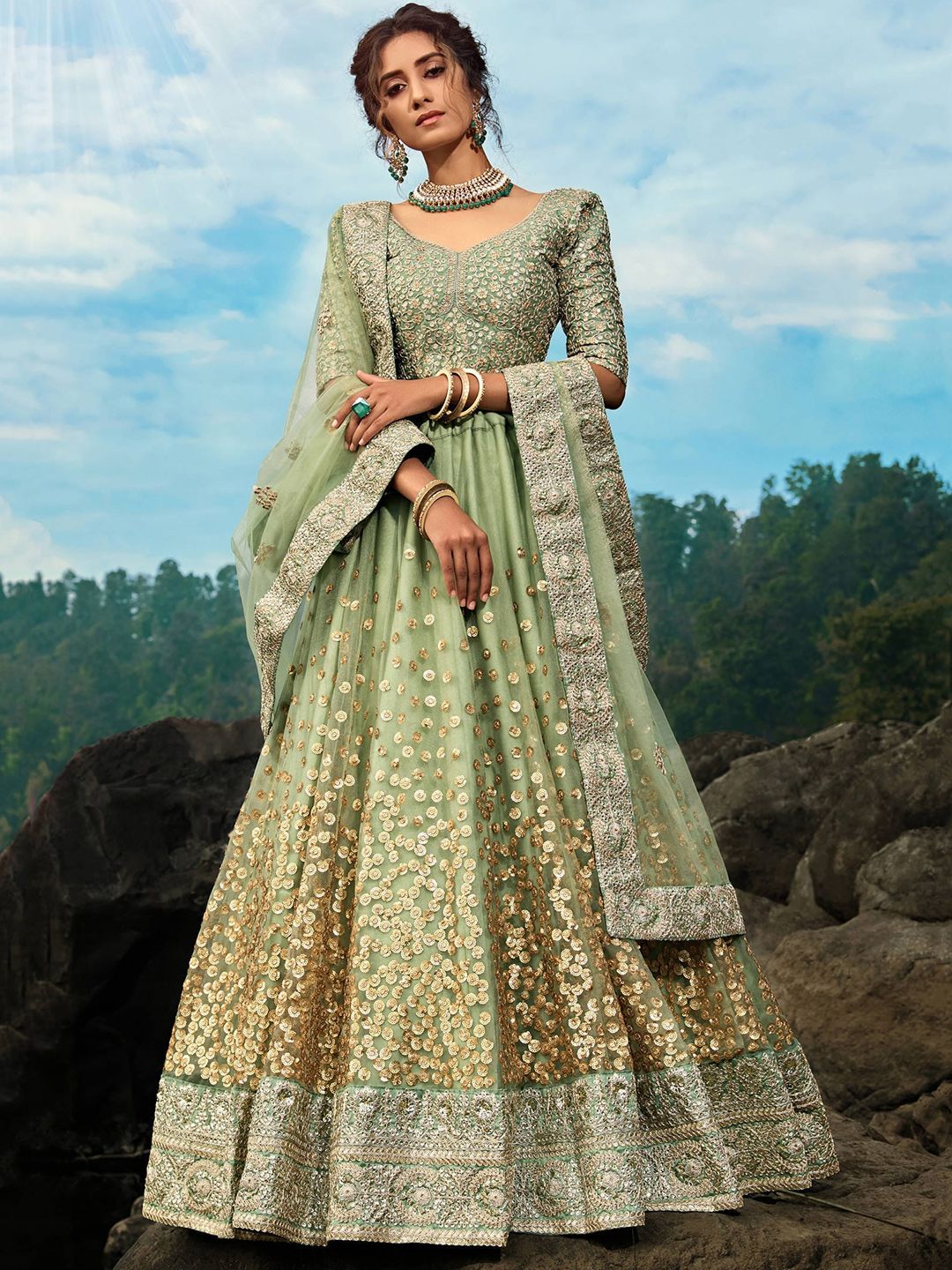 FABPIXEL Embroidered Sequinned Semi-Stitched Lehenga Choli With Dupatta Price in India