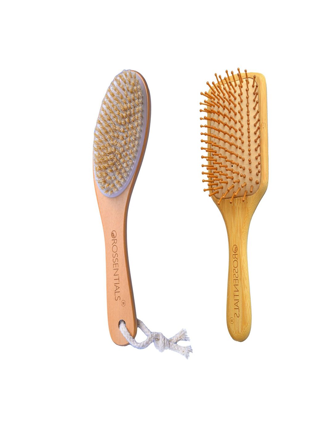 OROSSENTIALS Set Of 2 Wooden Neem Hair Brush & Body Brush