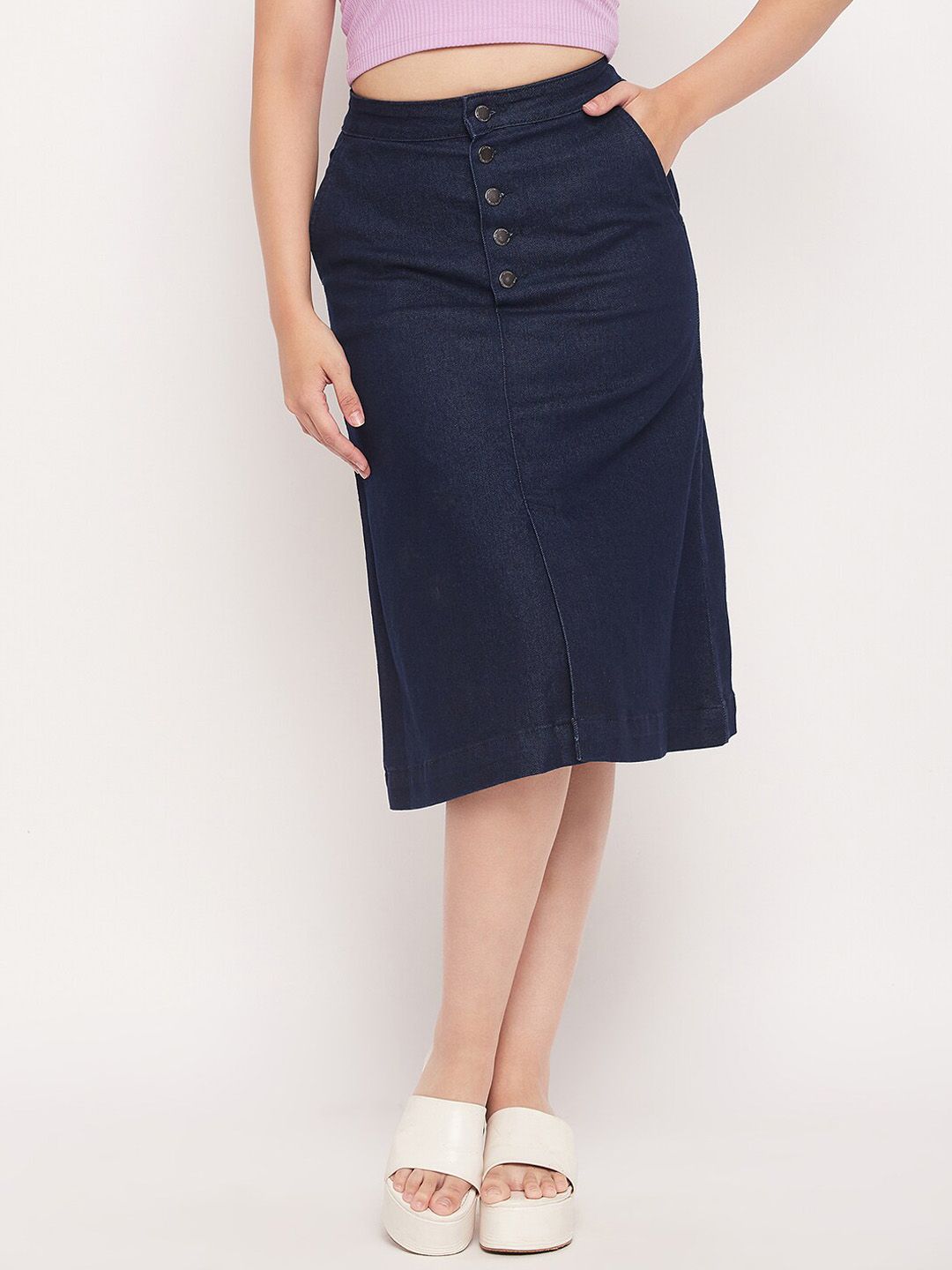 Madame A Line Denim Cotton Knee Length Skirt Price in India