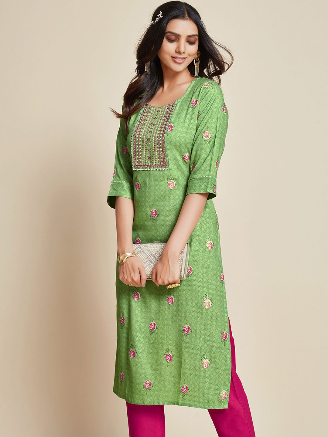 Sangria Green & Pink Floral Printed Thread Work Kurta Price in India