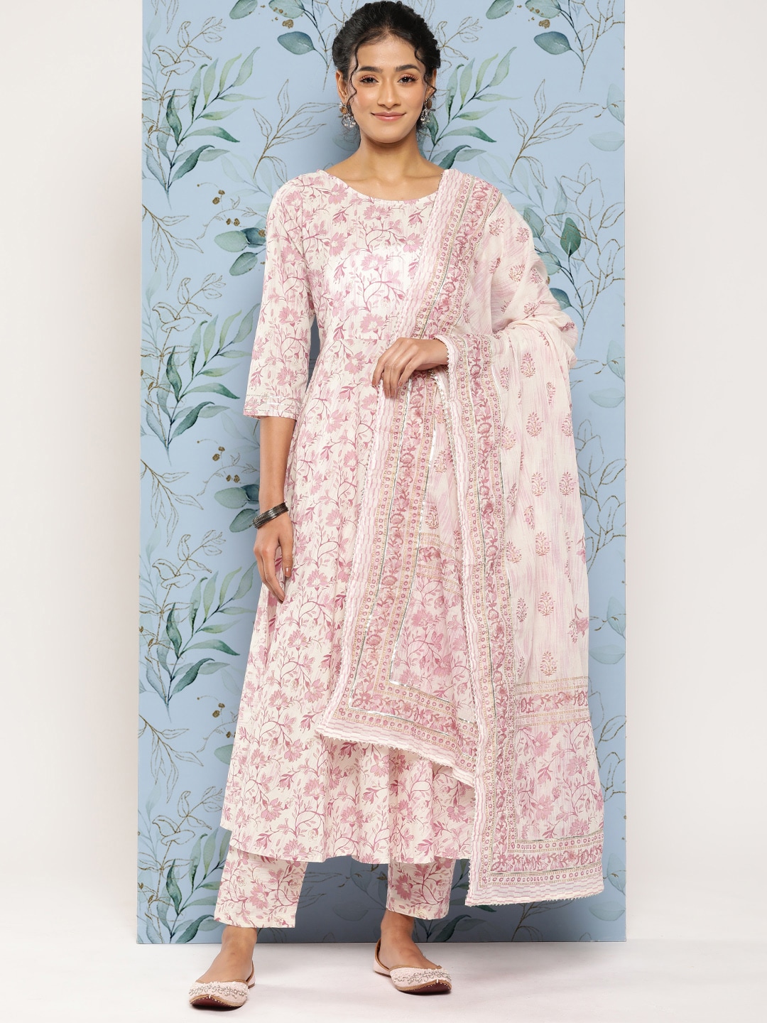 Nayo Floral Printed Anarkali Pure Cotton Kurta With Trousers & Dupatta Price in India