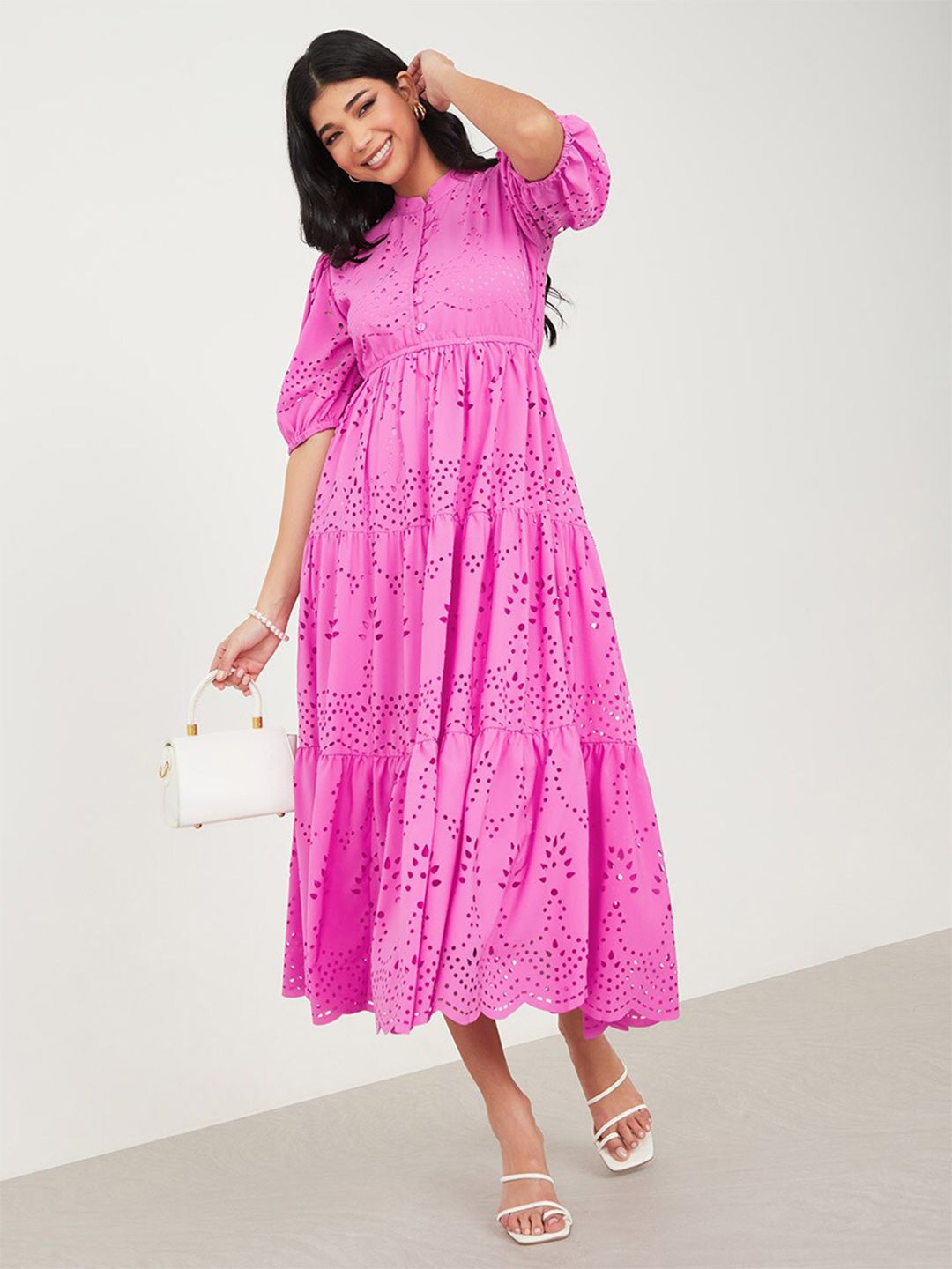 Styli Self Design Puff Sleeve Empire Midi Dress Price in India