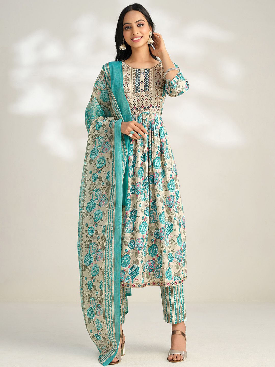 Sangria Blue & Beige Floral Printed Kurta With Trouser & Dupatta Price in India
