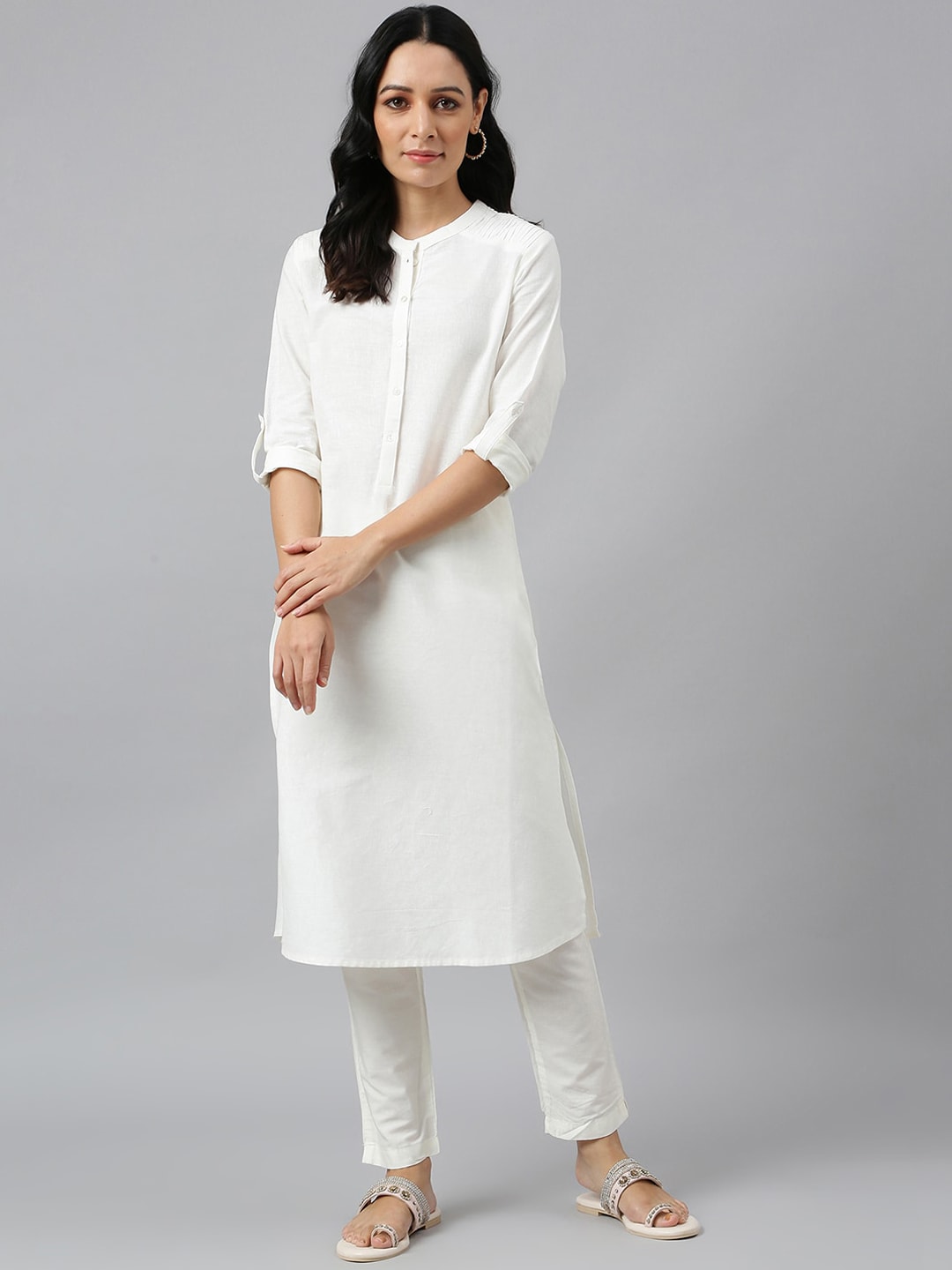 W White Mandarin Collar Roll-Up Sleeves Pathani Kurta Price in India
