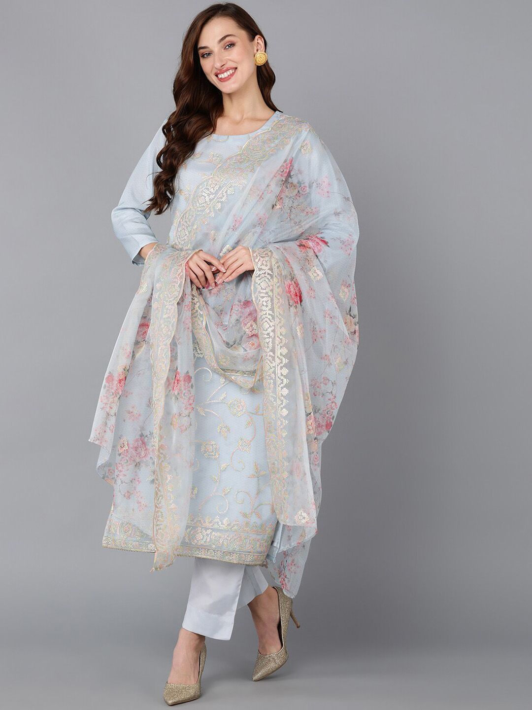 AHIKA Grey Ethnic Motifs Embroidered Sequined Kurta with Trousers & Dupatta Price in India