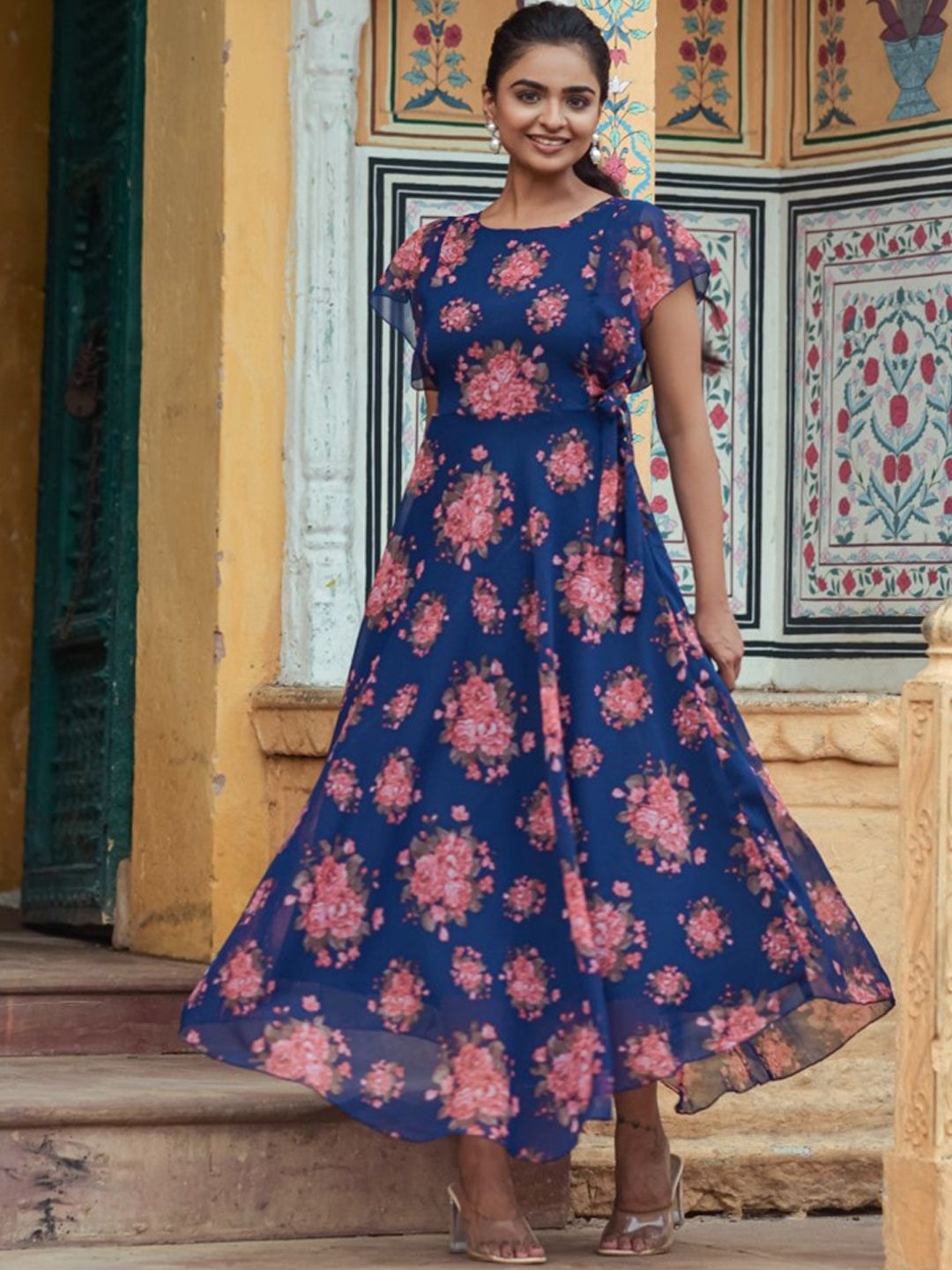 FAVRIZ Women Blue Ethnic Motifs Printed Sequinned Floral Georgette Kurta Price in India