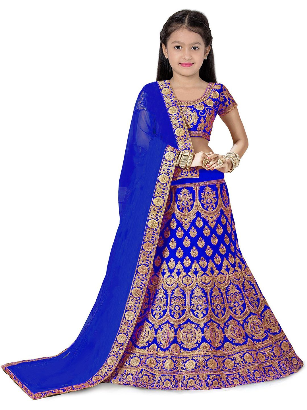 BAESD Girls Blue & Gold-Toned Embroidered Thread Work Semi-Stitched Lehenga & Unstitched Blouse With Dupatta Price in India