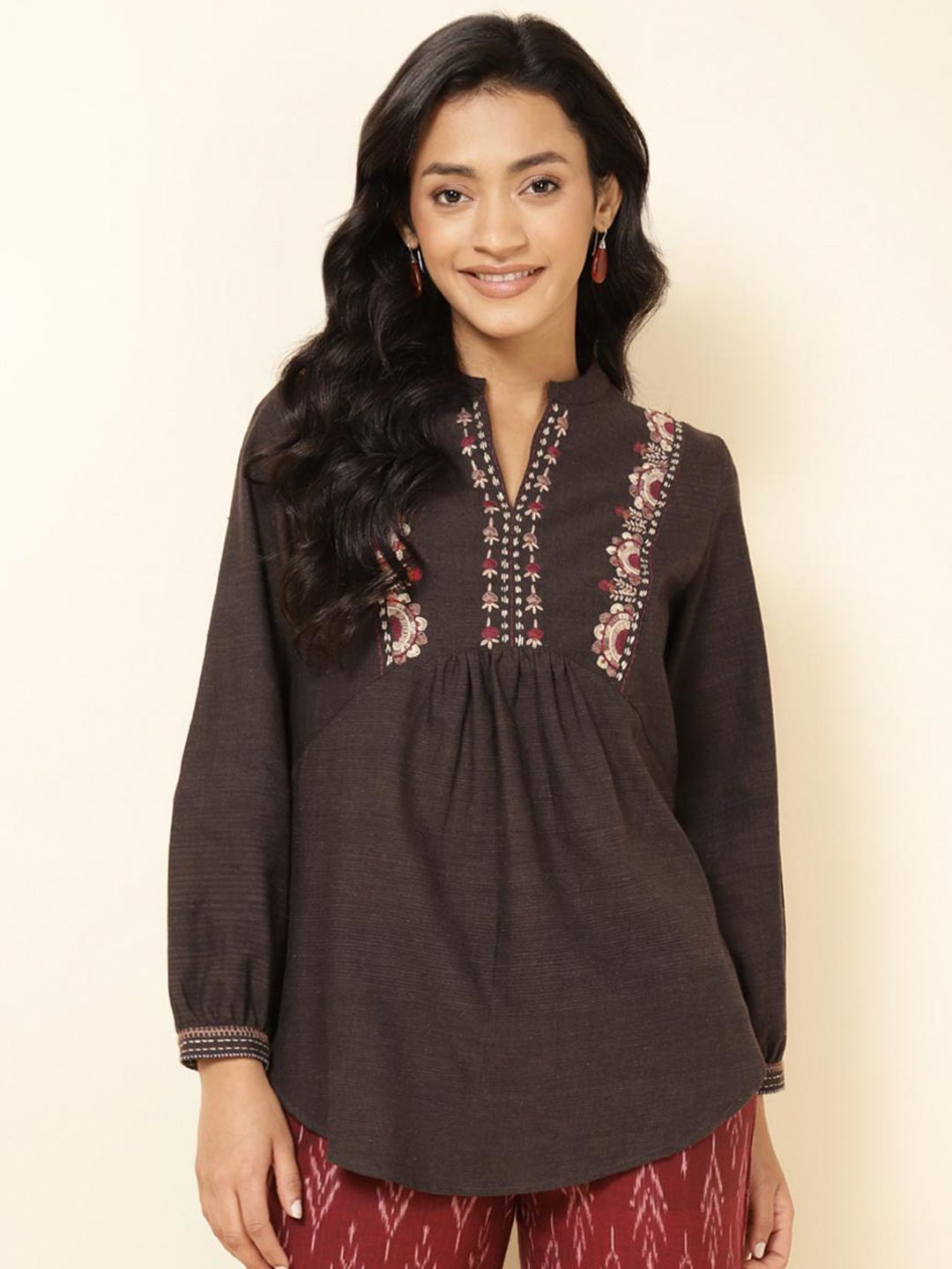 Fabindia Embroidered Mandarin Collar Cotton Regular Top Price in India
