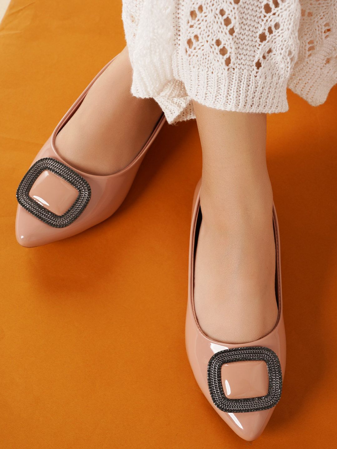 DressBerry Nude-Coloured Embellished Pointed Toe Ballerinas Price in India