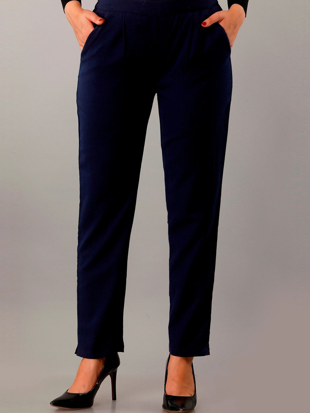 HERE&NOW Women Navy Blue Mid Rise Easy Wash Cropped Cotton Straight Fit Trousers Price in India