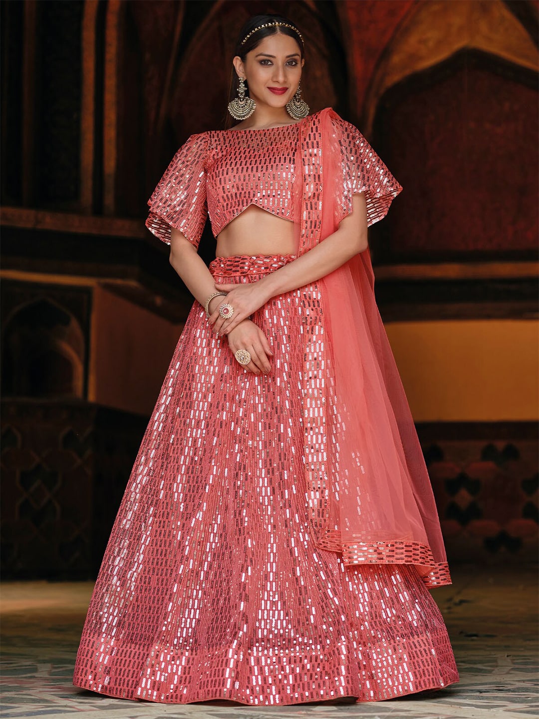 ODETTE Peach-Coloured Embellished Sequinned Semi-Stitched Lehenga & Unstitched Blouse With Dupatta Price in India