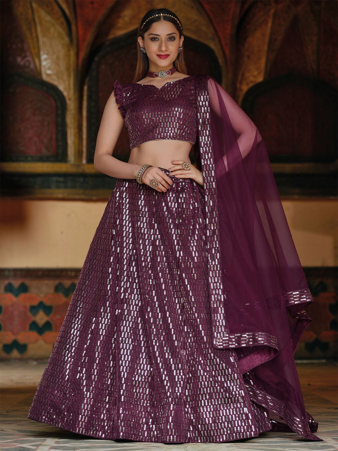 ODETTE Embellished Sequinned Semi-Stitched Lehenga Choli With Dupatta Price in India