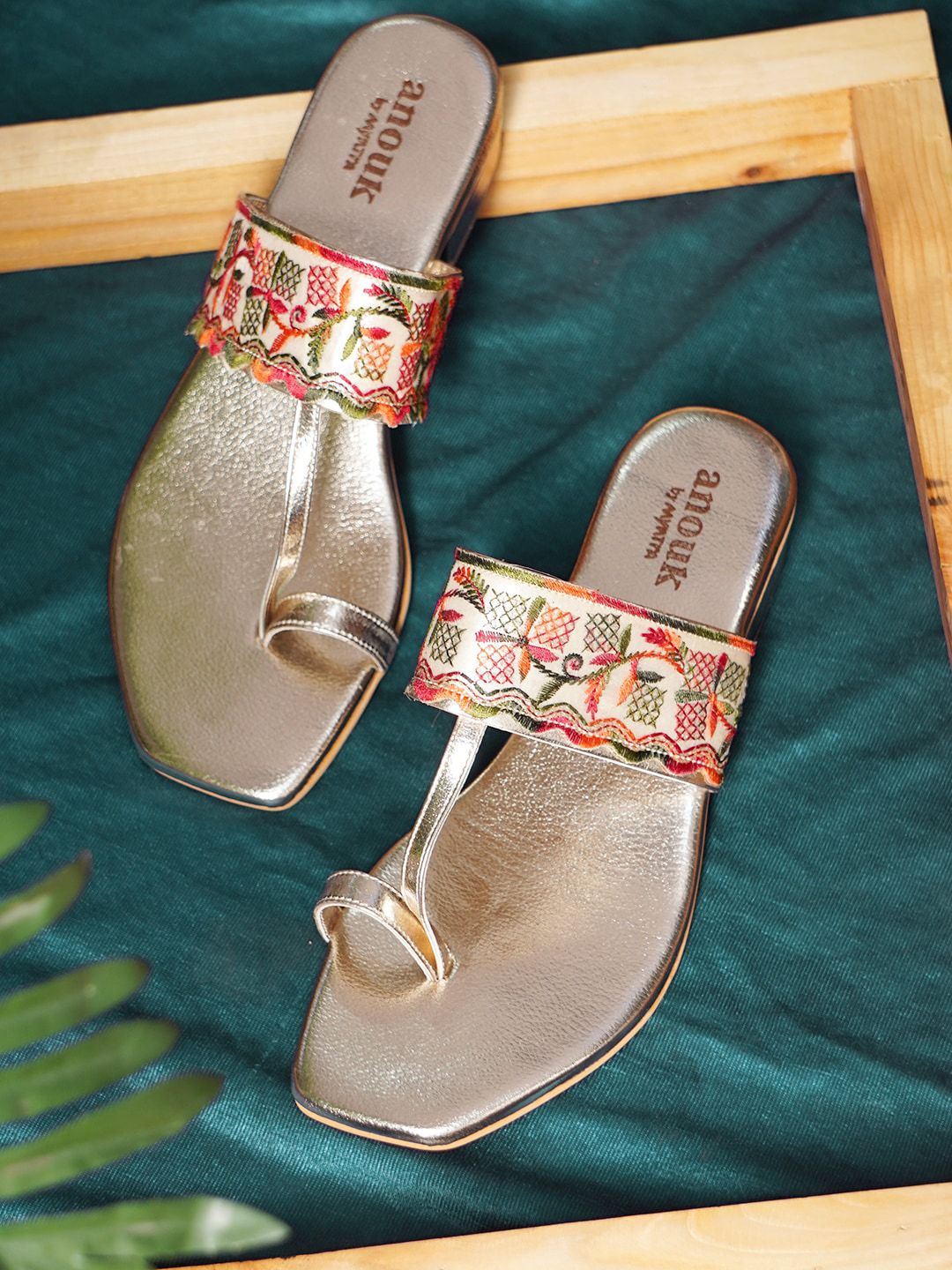 Anouk Gold-Toned And Green Embroidered One Toe Block Heels