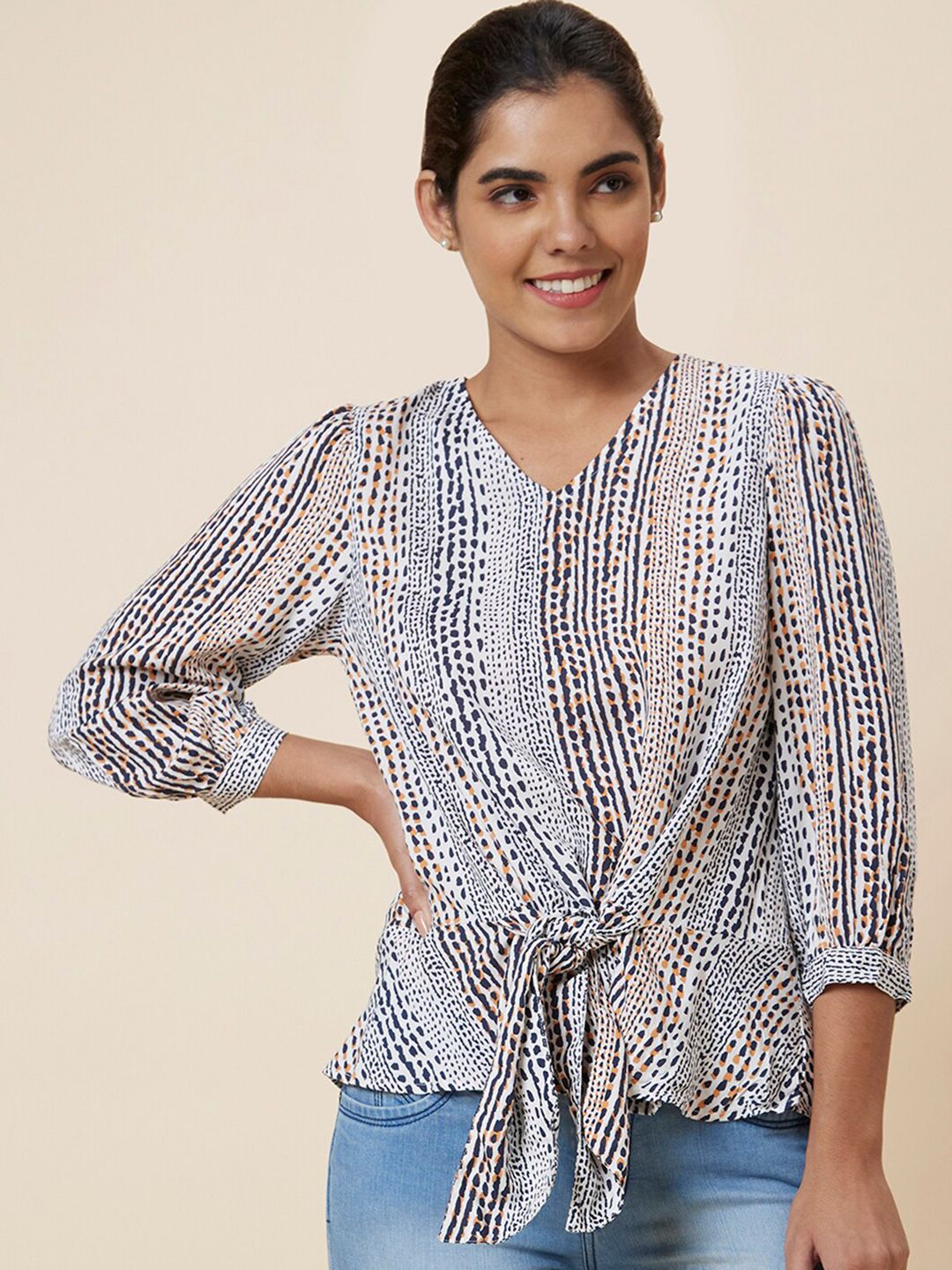 Globus White & Blue Abstract Printed Puff Sleeves Top Price in India