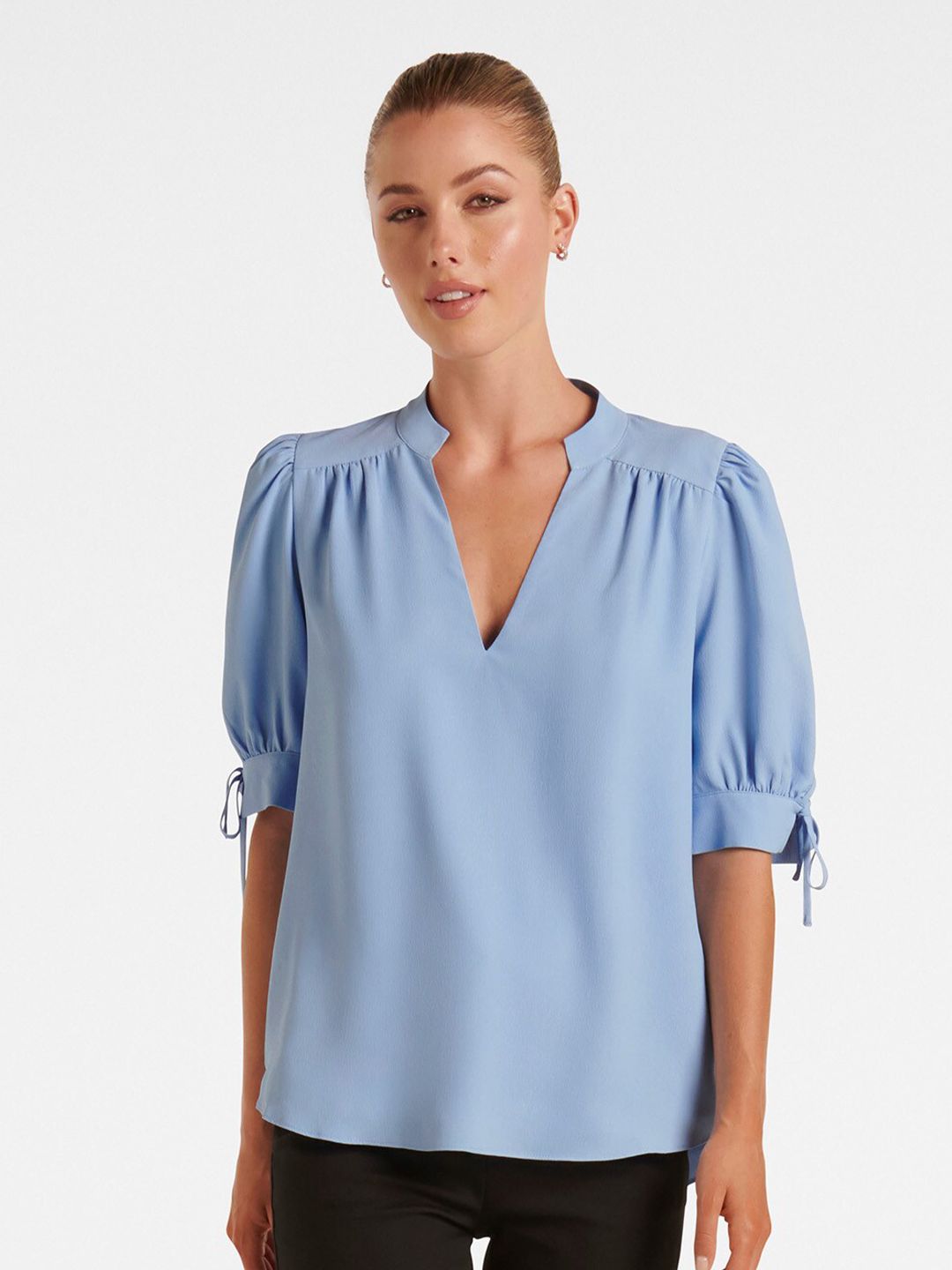 Forever New Blue Mandarin Collar Puff Sleeve Top Price in India