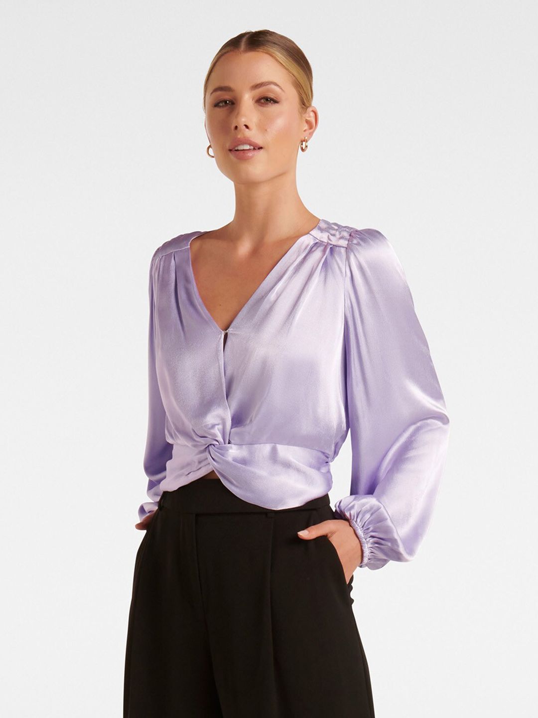 Forever New Puff Sleeves Crop Twist Satin Blouse Price in India