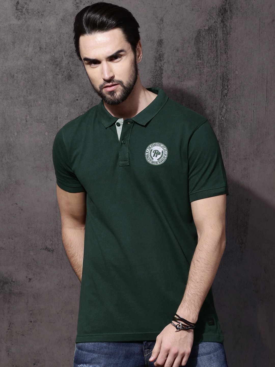 Roadster Men Green Solid Polo Collar Cotton T-shirt