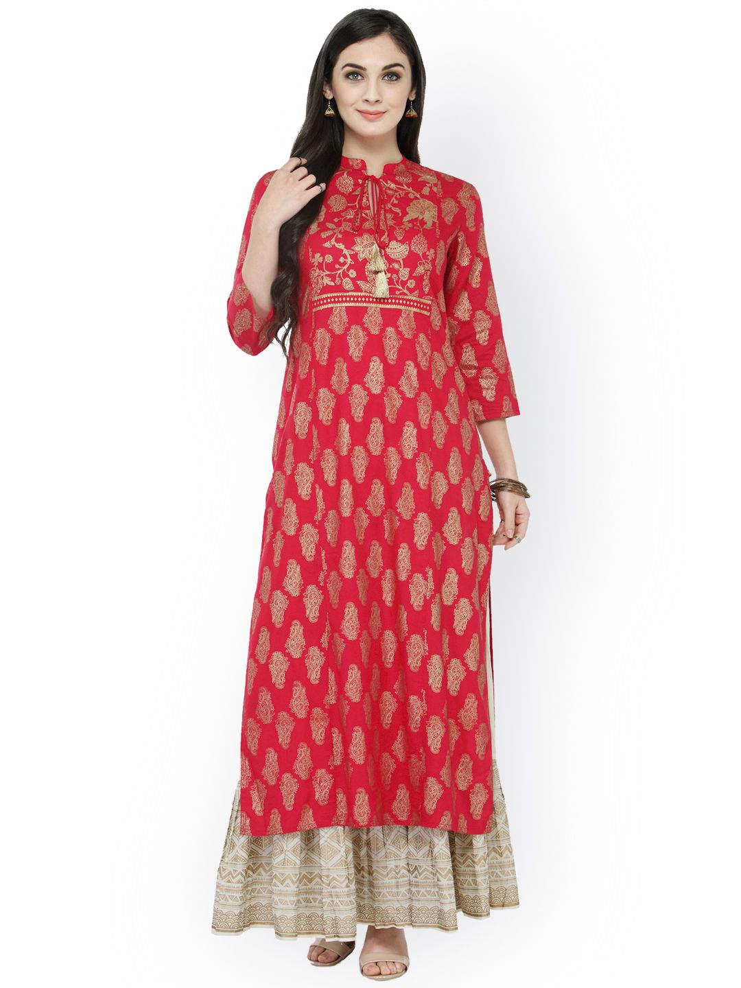 Varanga Women Red & Gold-Toned Printed Straight Kurta Price in India