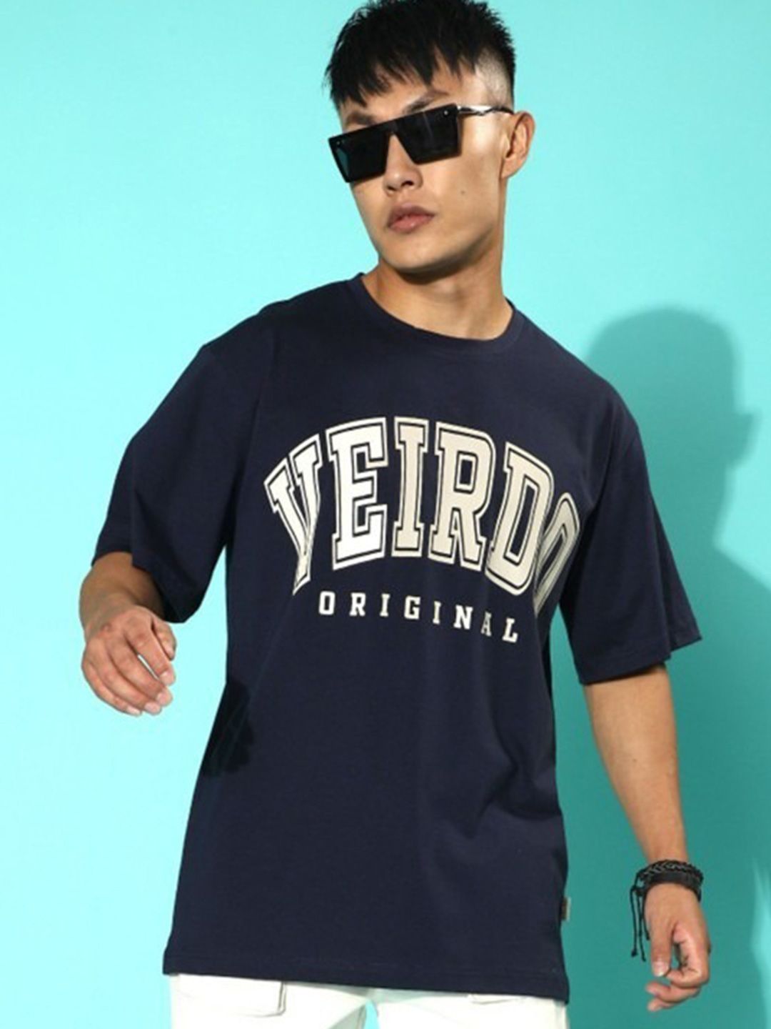 VEIRDO Men Navy Typography Printed Round Neck Pure Cotton Oversized T-shirt