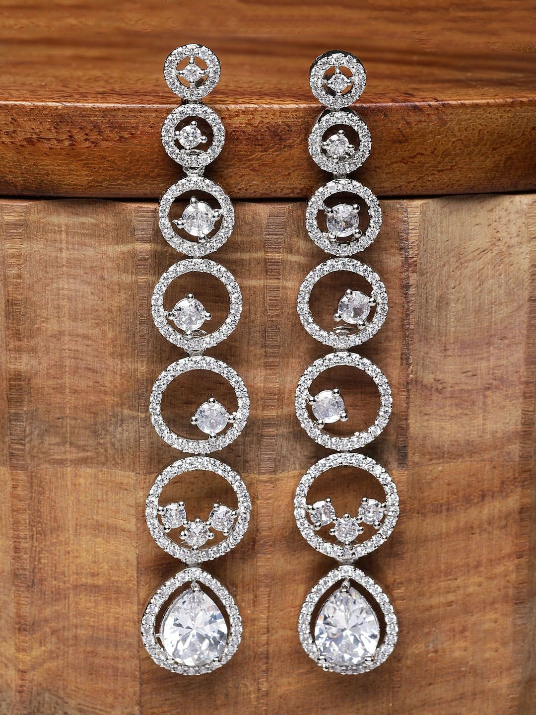 Kennice Rhodium-Plated AD Studded Circular Drop Earrings