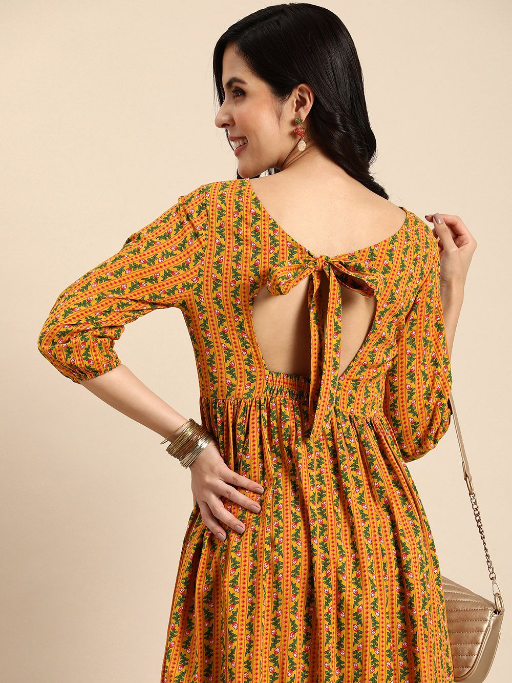 Anouk Ethnic Motifs Printed & Striped Styled Back Smocked Detail A-Line Kurta Price in India