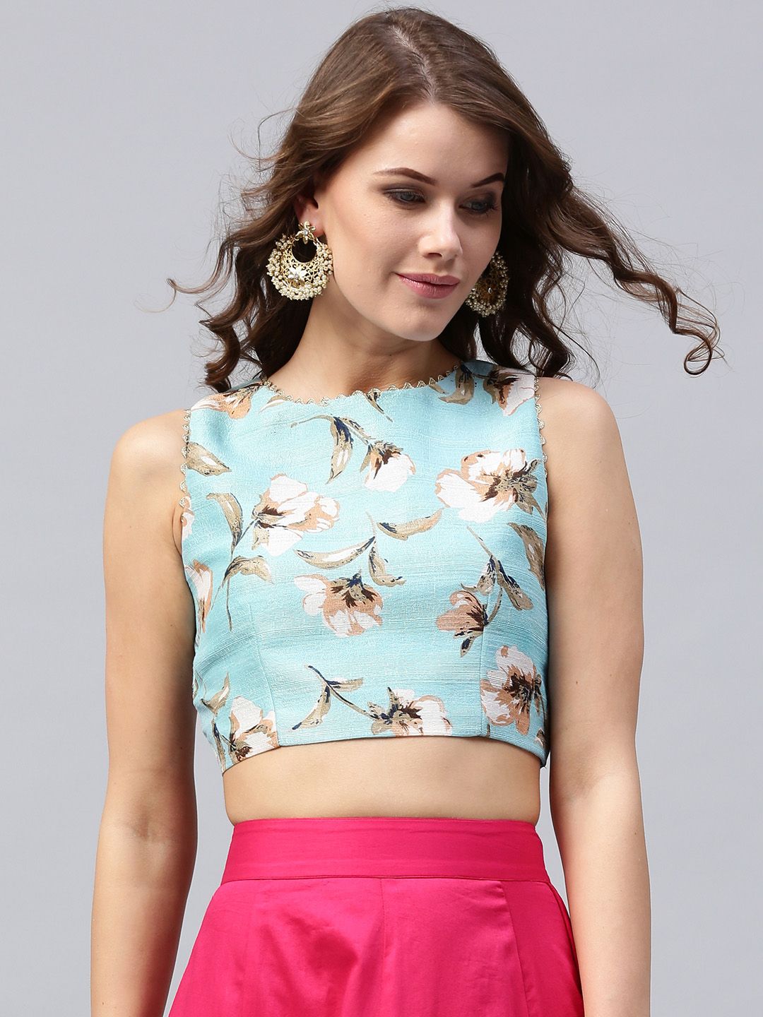 SASSAFRAS Women Turquoise Blue Silk Floral Print Crop Fitted Top