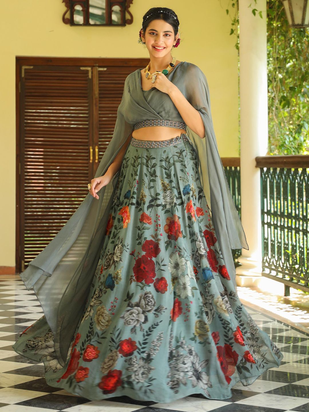 SCAKHI Floral Printed Beads and Stones Ready to Wear Lehenga & Choli Set Price in India