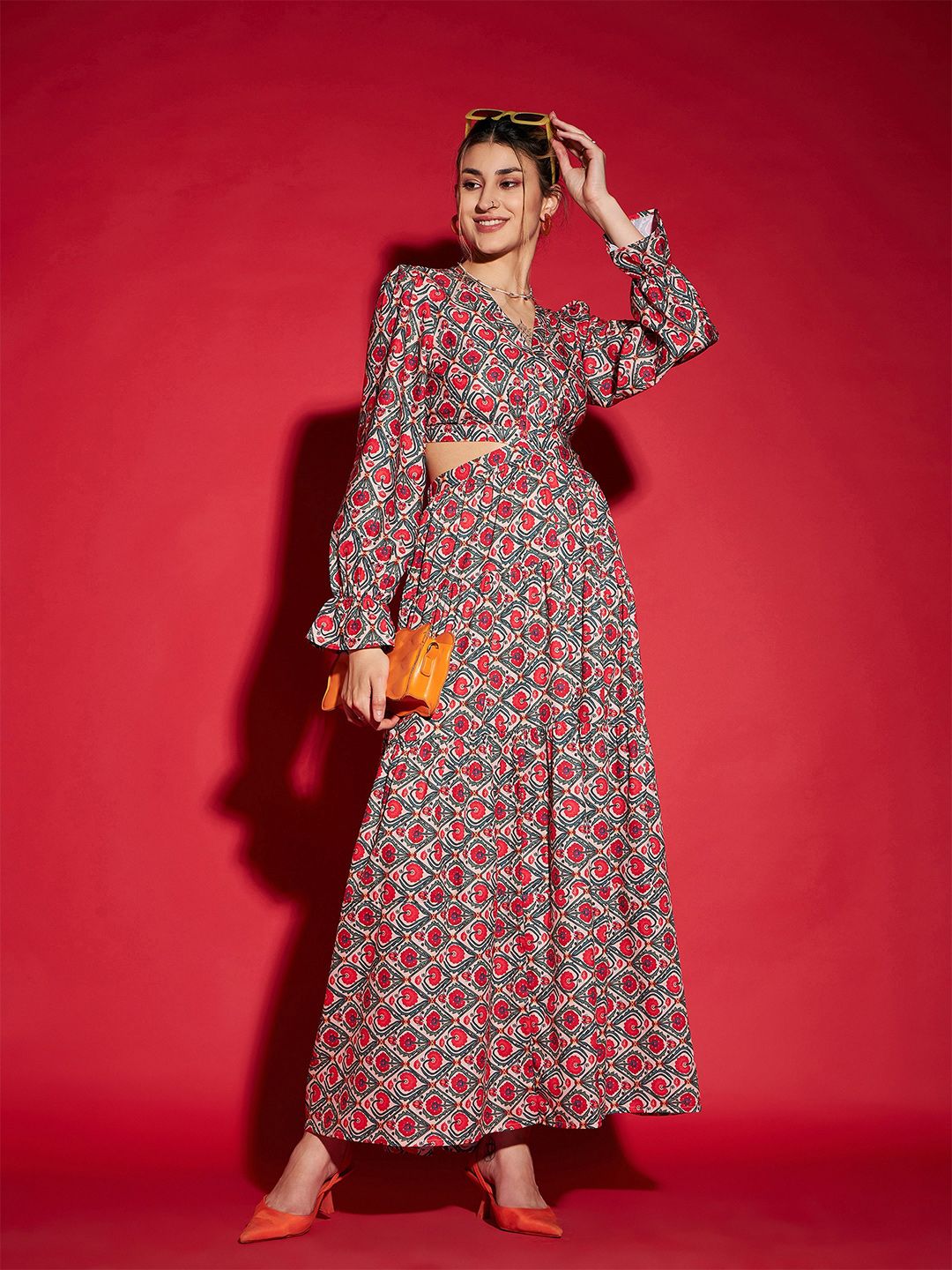 SASSAFRAS Red Floral Printed Cut Out Crepe Maxi Dress Price in India