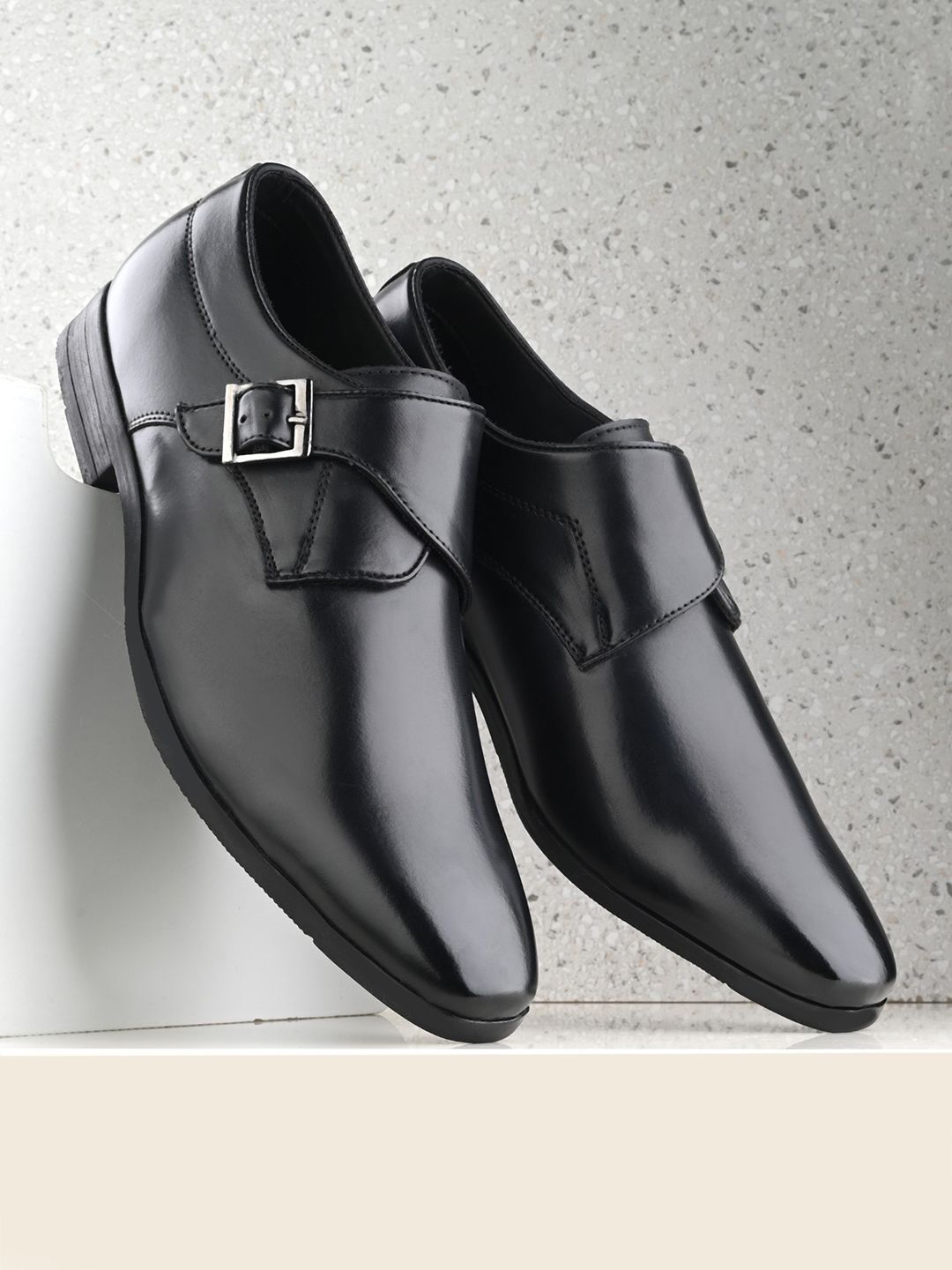 House of Pataudi Men Round Toe Formal Monk Shoes With Buckle Detail
