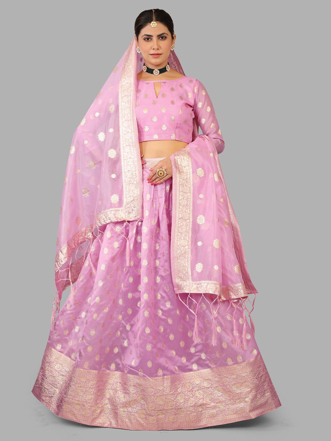 JATRIQQ Pink & Gold-Toned Semi-Stitched Lehenga & Unstitched Blouse With Dupatta Price in India