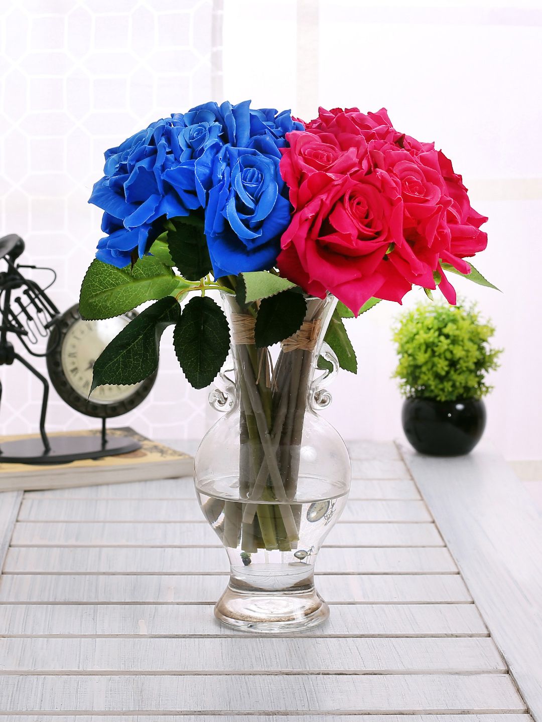 Fourwalls Set Of 2 Pink & Blue Artificial Rose Flower Bunches Without Pot Price in India