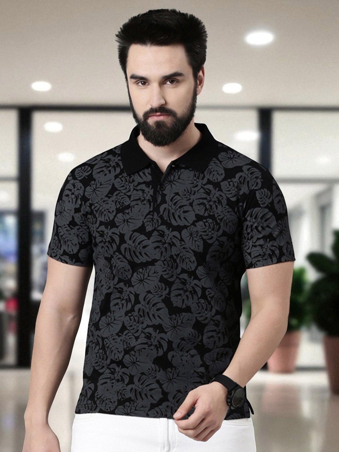Kryptic Floral Printed Polo Collar Pure Cotton T-shirt