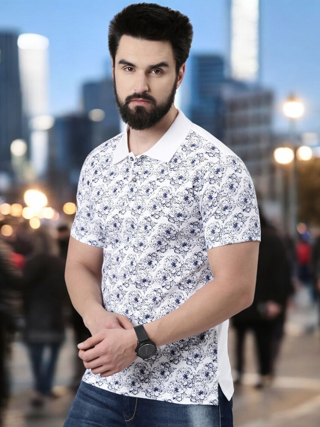Kryptic Floral Printed Polo Collar Pure Cotton T-shirt