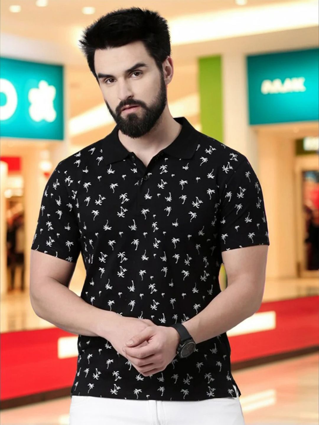 Kryptic Floral Printed Polo Collar Pure Cotton T-Shirt