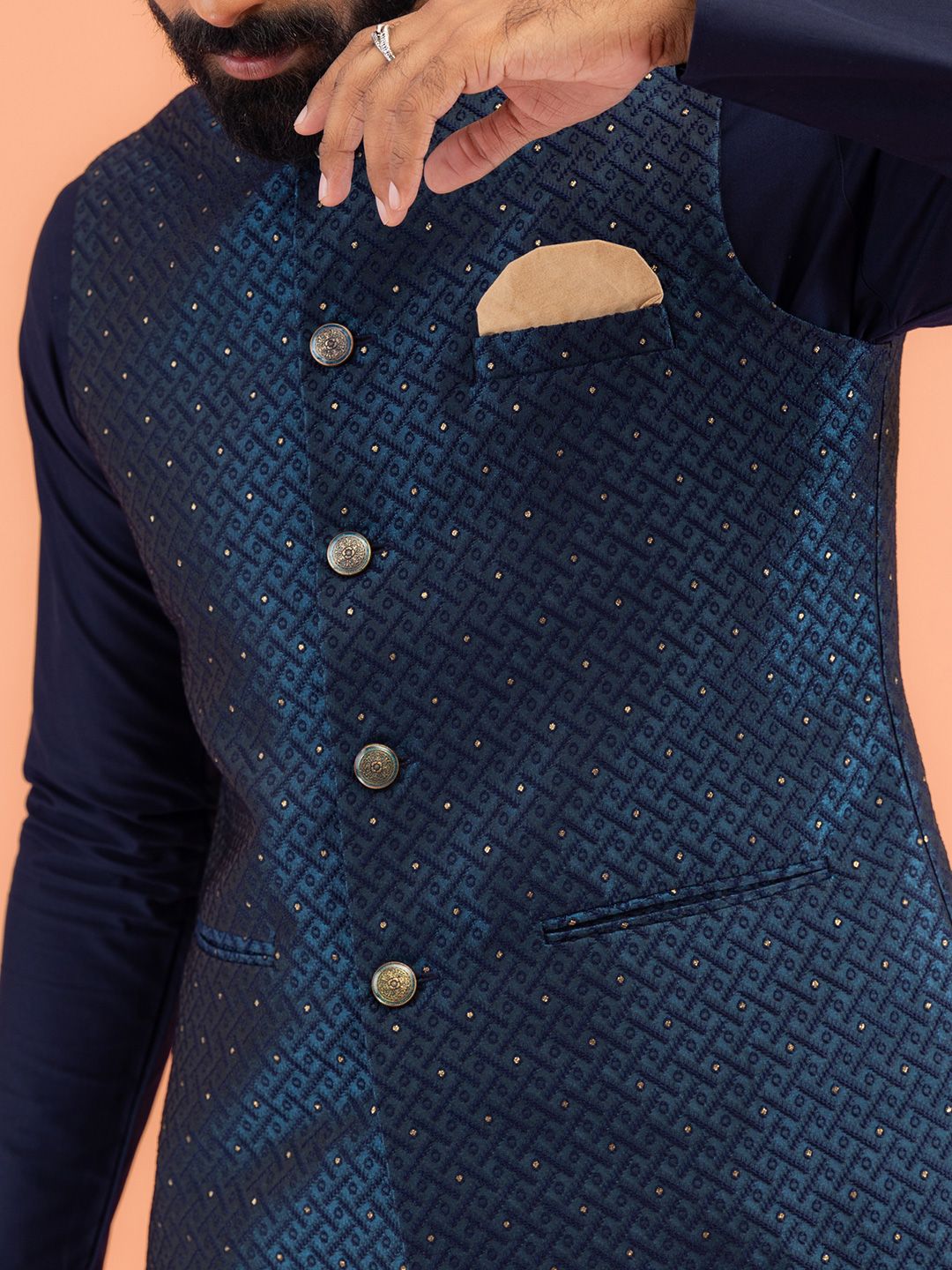 KISAH Mannen Geometrische Verfraaide Kurta Volledige Sleaves