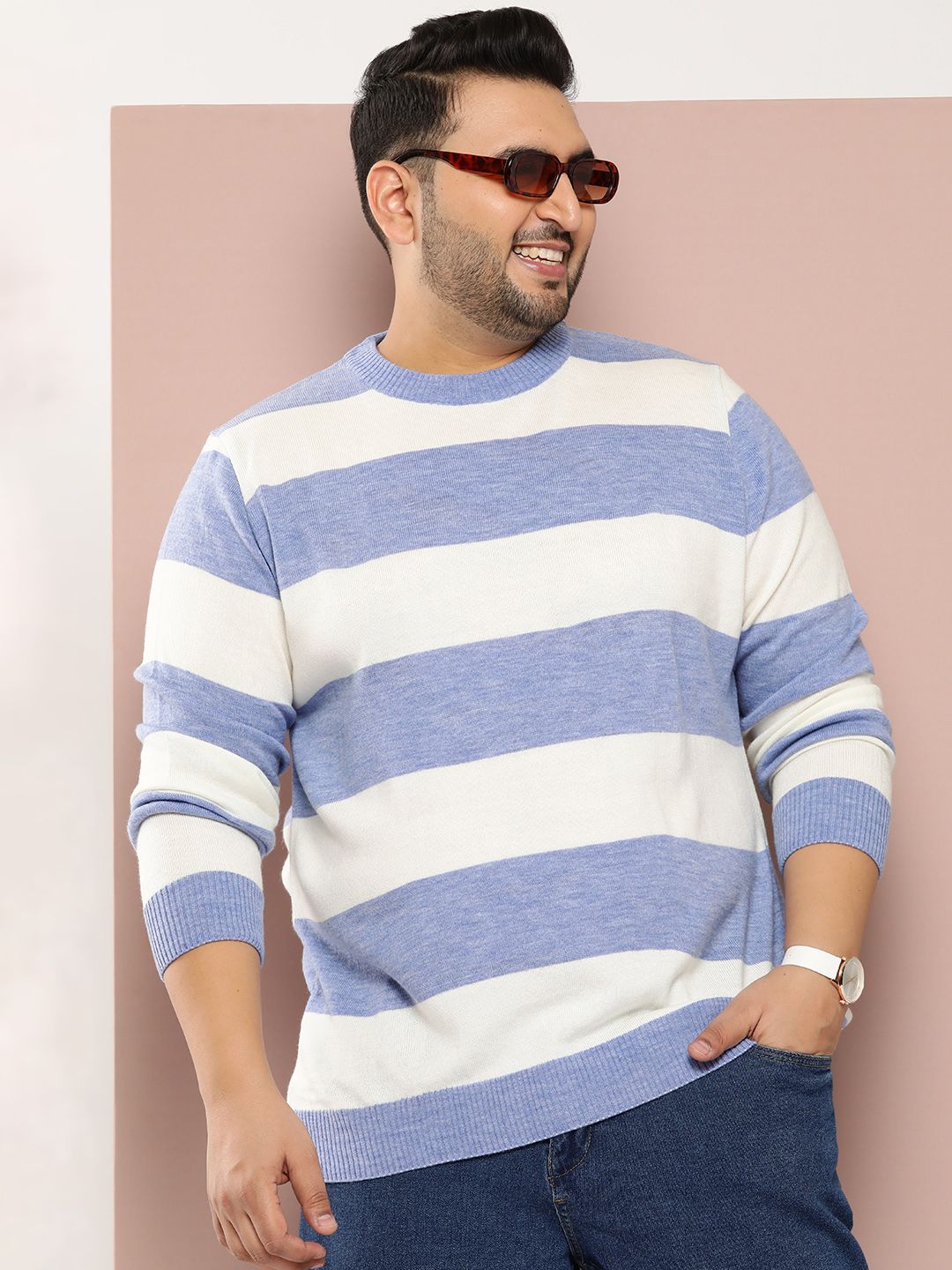 Sztori Men Plus Size Striped Acrylic Pullover