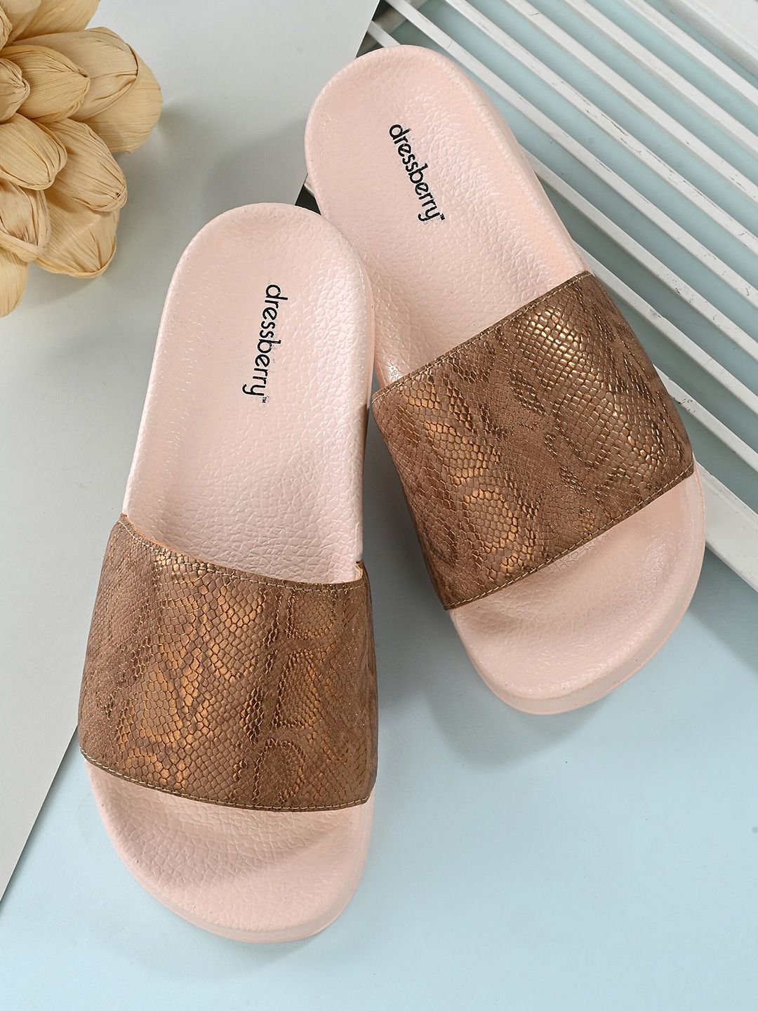 DressBerry Women Nude-Coloured And Gold-Toned Printed Sliders