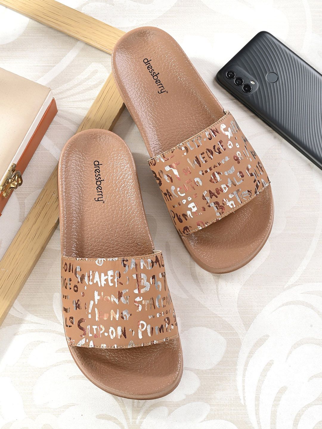 DressBerry Women Tan Brown And Silver-Toned Printed Sliders