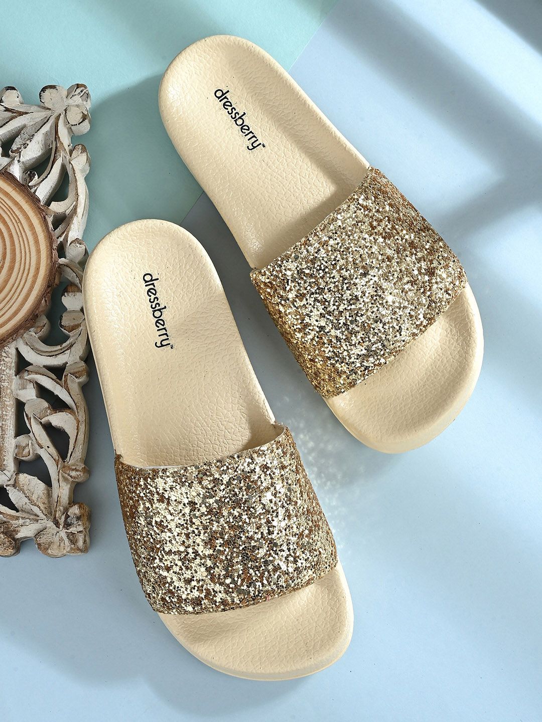 DressBerry Women Beige & Gold-Toned Embellished Sliders