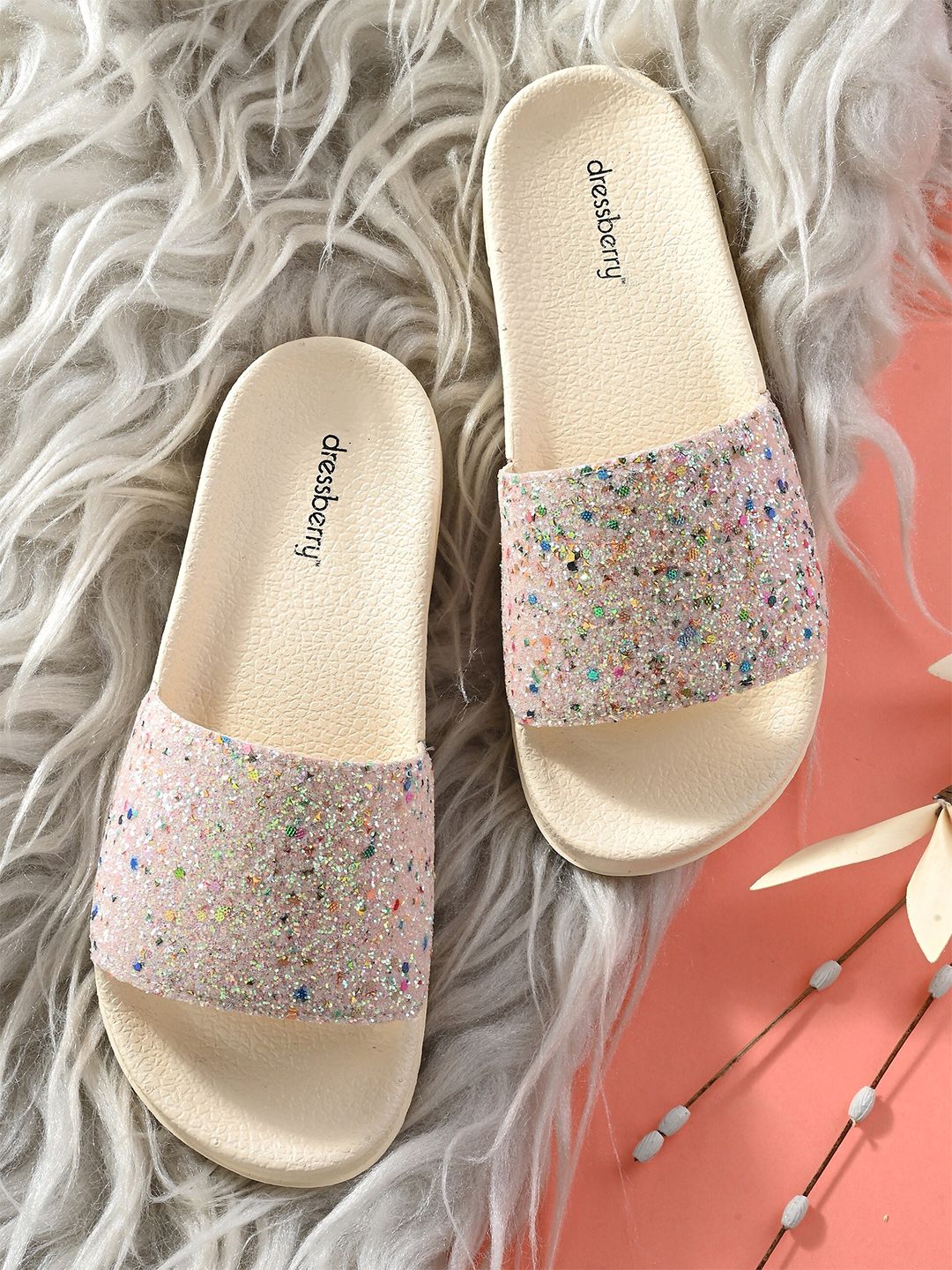 DressBerry Women Beige And Blue Embellished Sliders