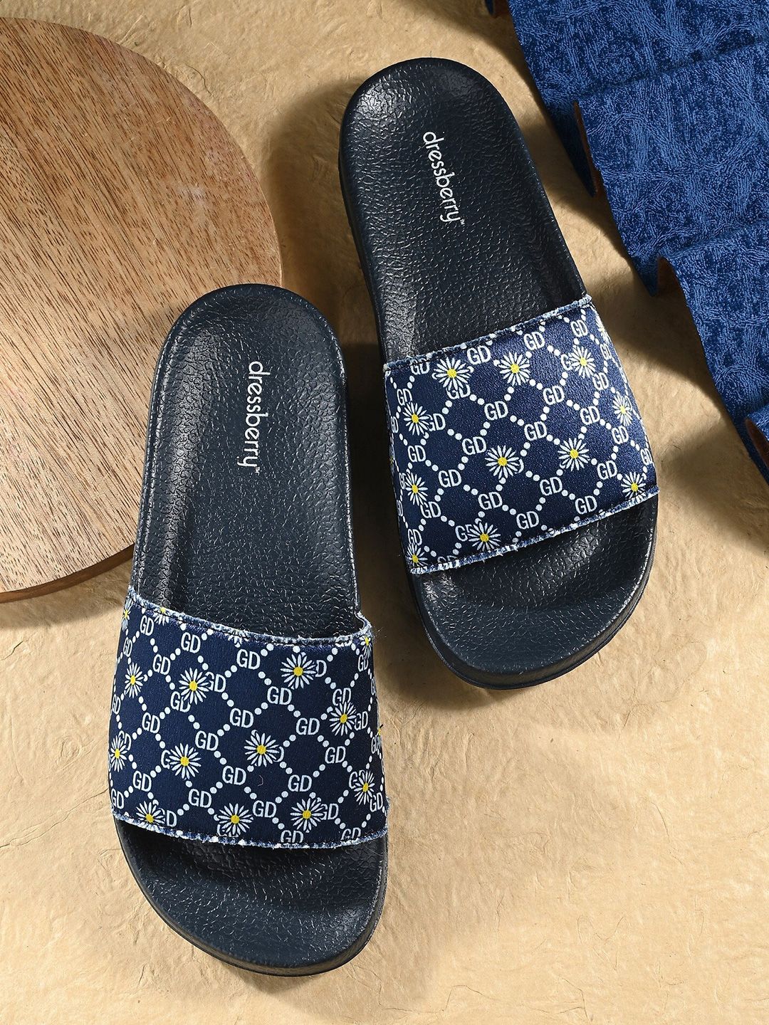 DressBerry Women Navy Blue And White Printed Sliders