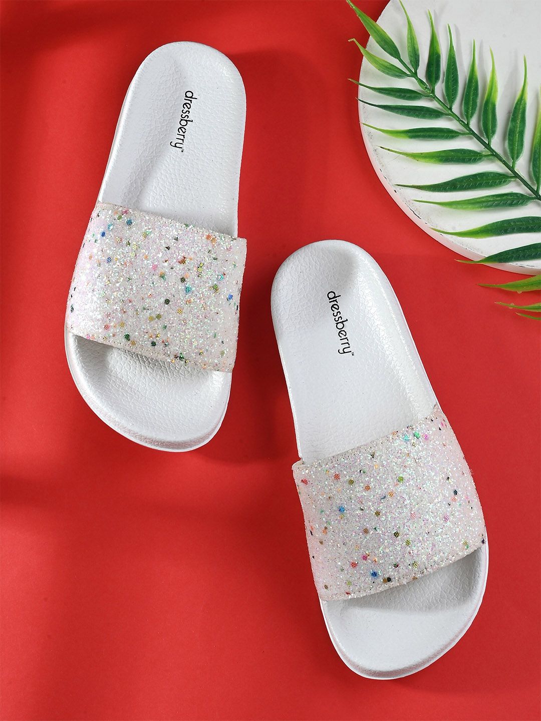 DressBerry Women White & Green Printed Sliders